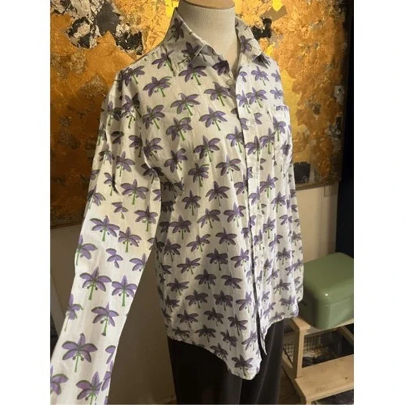 Rare! Mary Marshmallow Boyfriend Cotton Beachy Palm Tree Print 100% Cotton Shirt - Picture 2 of 6